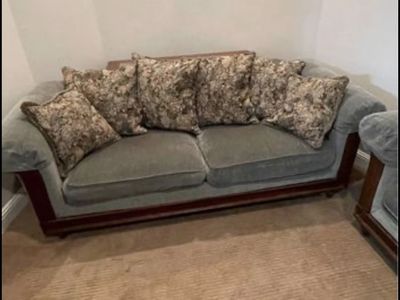 Vintage Style Wood Trim Sofa, Loveseat and Chair Set with Floral Cushions - Light Green and Floral Earth Tones.