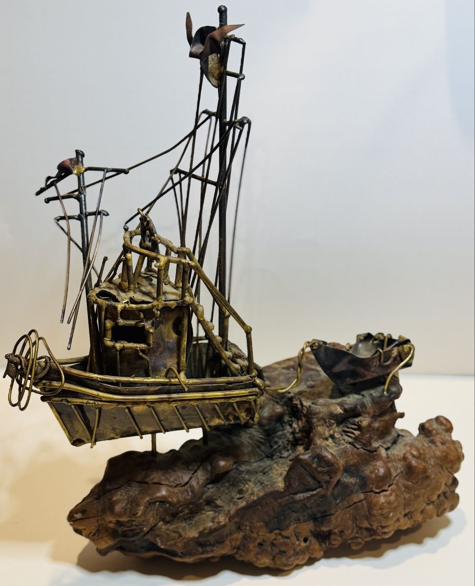 Vintage 1974 Signed Metal Boat Sculpture Driftwood