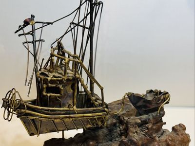 Vintage 1974 Signed Metal Boat Sculpture Driftwood