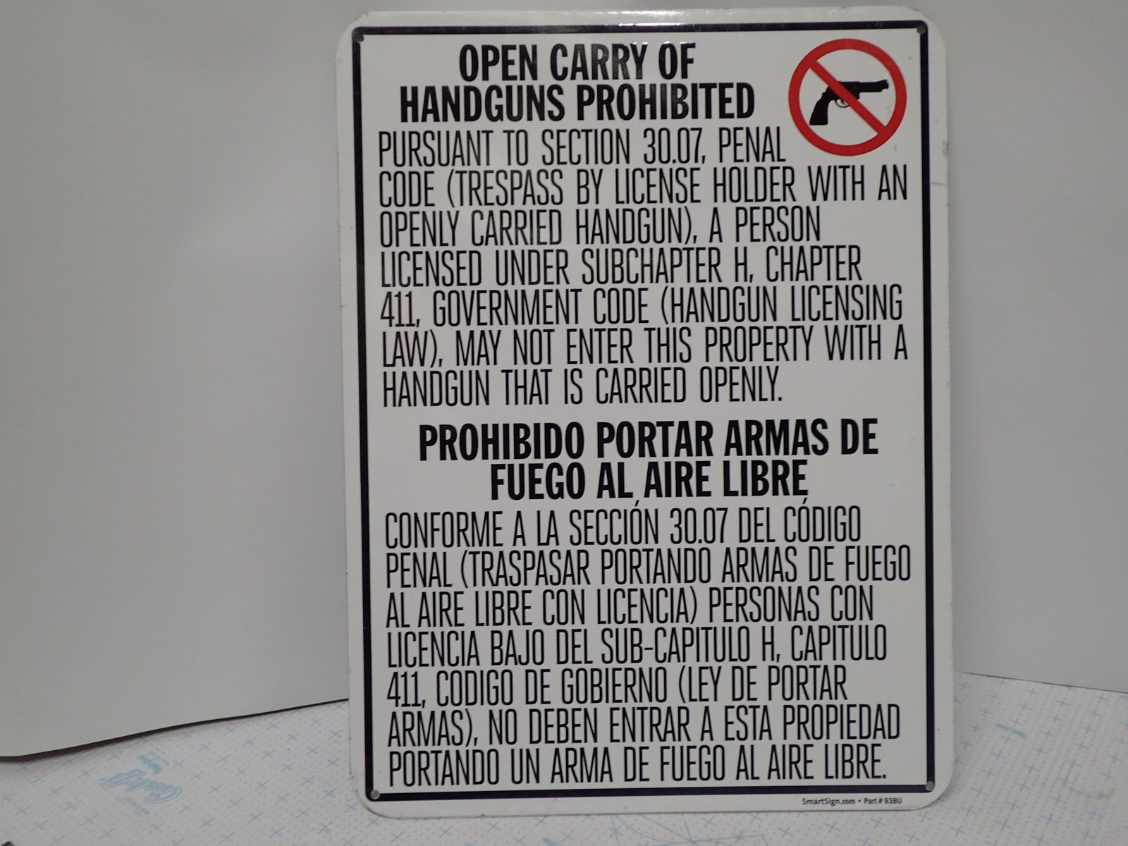 LARGE Signs "Open Carry Of Handguns Prohibited"  English/Espanol
