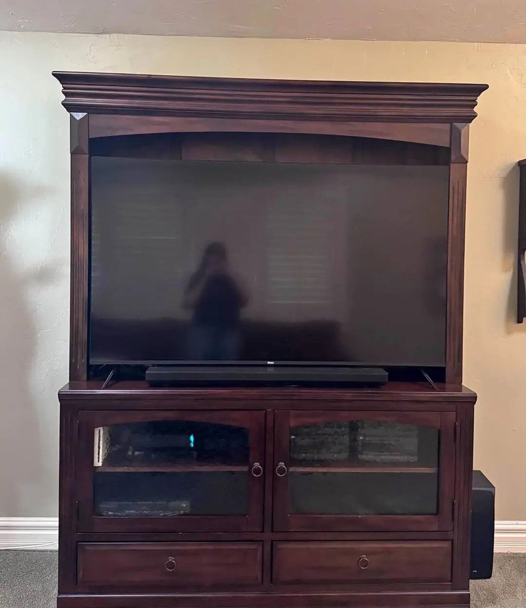 Large Wooden TV Entertainment Center & Media Console with Hutch - Rich Cherry Finish