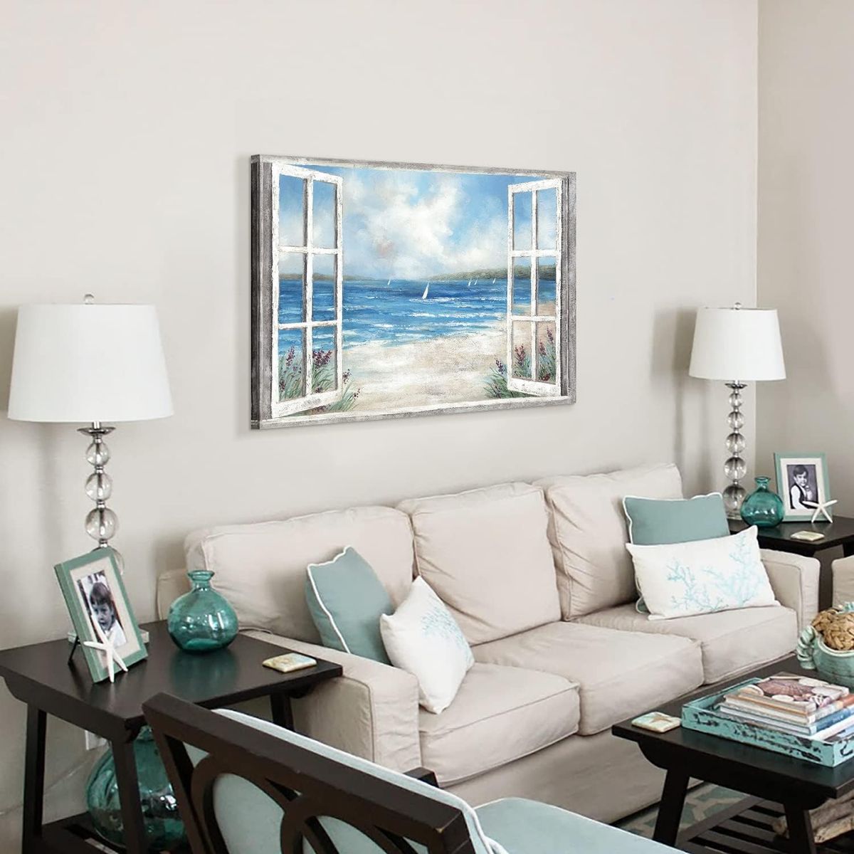NEW 45x30 Large Coastal Beach Scene Canvas Wall Art - "Window to the Sea" Ocean View Painting