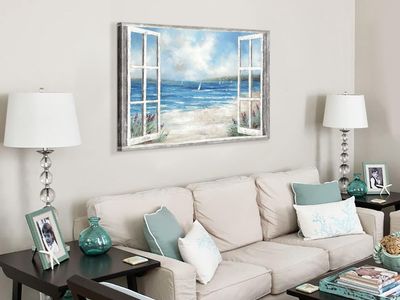 NEW 45x30 Large Coastal Beach Scene Canvas Wall Art - "Window to the Sea" Ocean View Painting