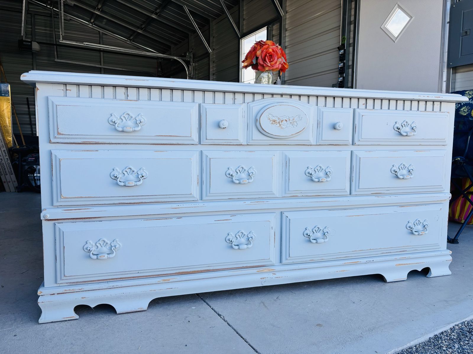 Shabby Chic White Distressed Wood Dresser with 9 Drawers