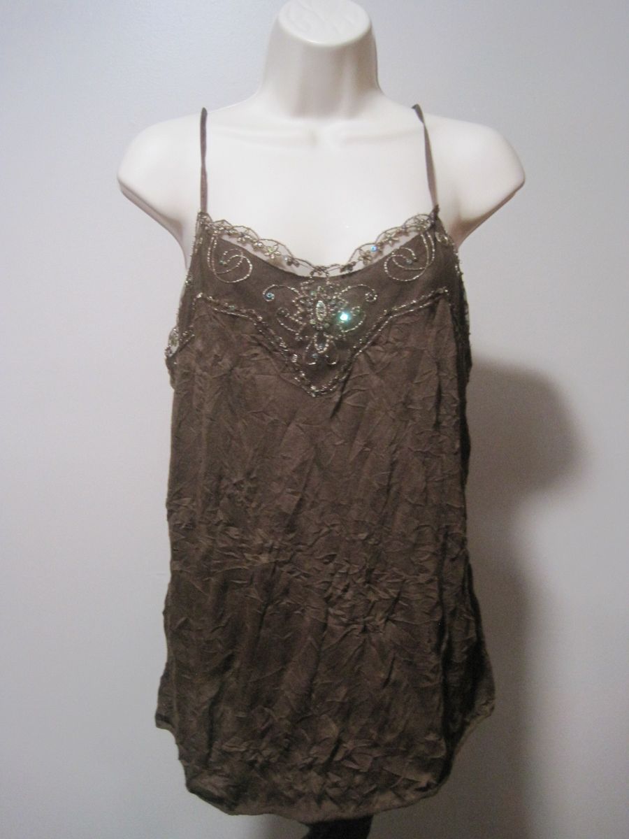 Xhilaration Women's Brown Lacy Sequin Embroidery Camisole Tank Shell Size Medium
