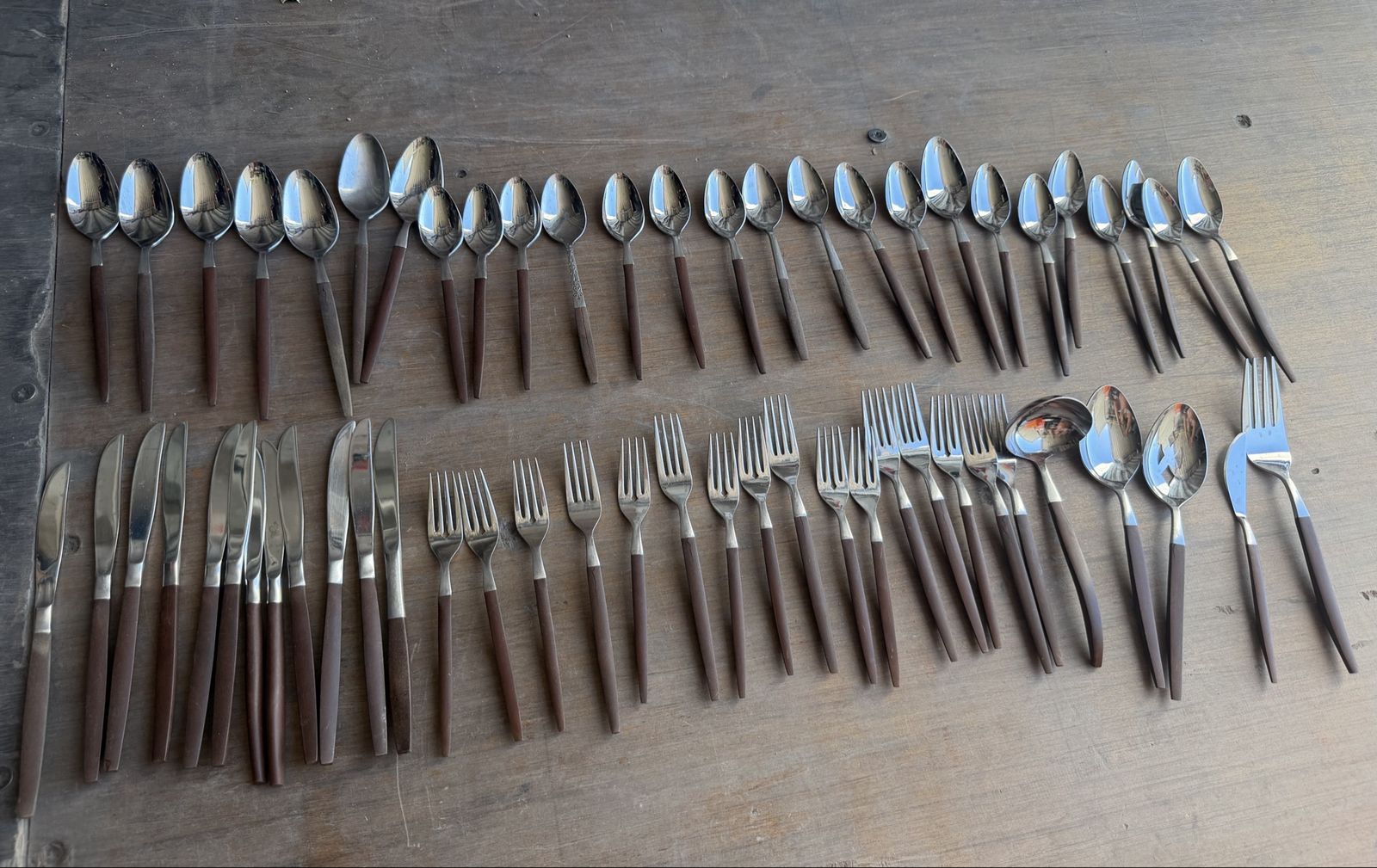 Mid Century Japanese Stainless Steel & Wood Flatware Set 58 Pieces Total
