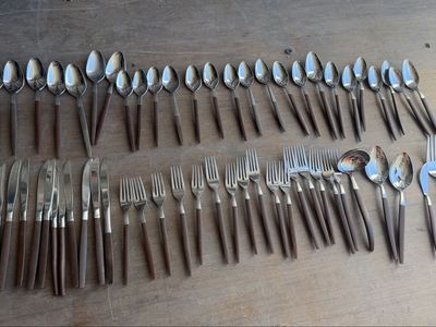 Mid Century Japanese Stainless Steel & Wood Flatware Set 58 Pieces Total