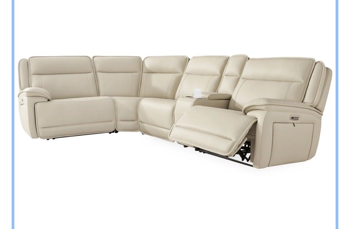 Ashley Cream Genuine Leather Sectional - Power Recline, Charging Stations, Excellent Condition
