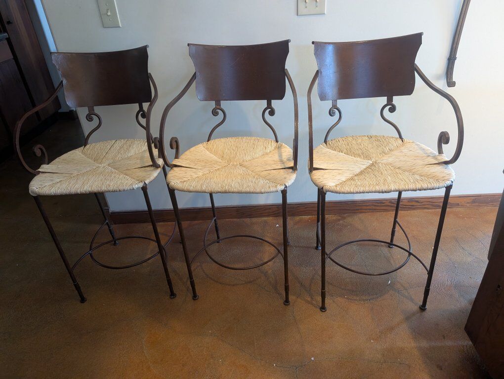 set of 3 wicker and metal barstools with backs $45