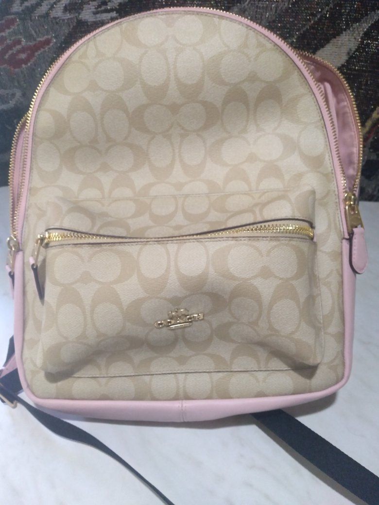 Coach Mini Abbey Backpack in Signature Canvas with Leather Trim - Khaki/Blush Pink