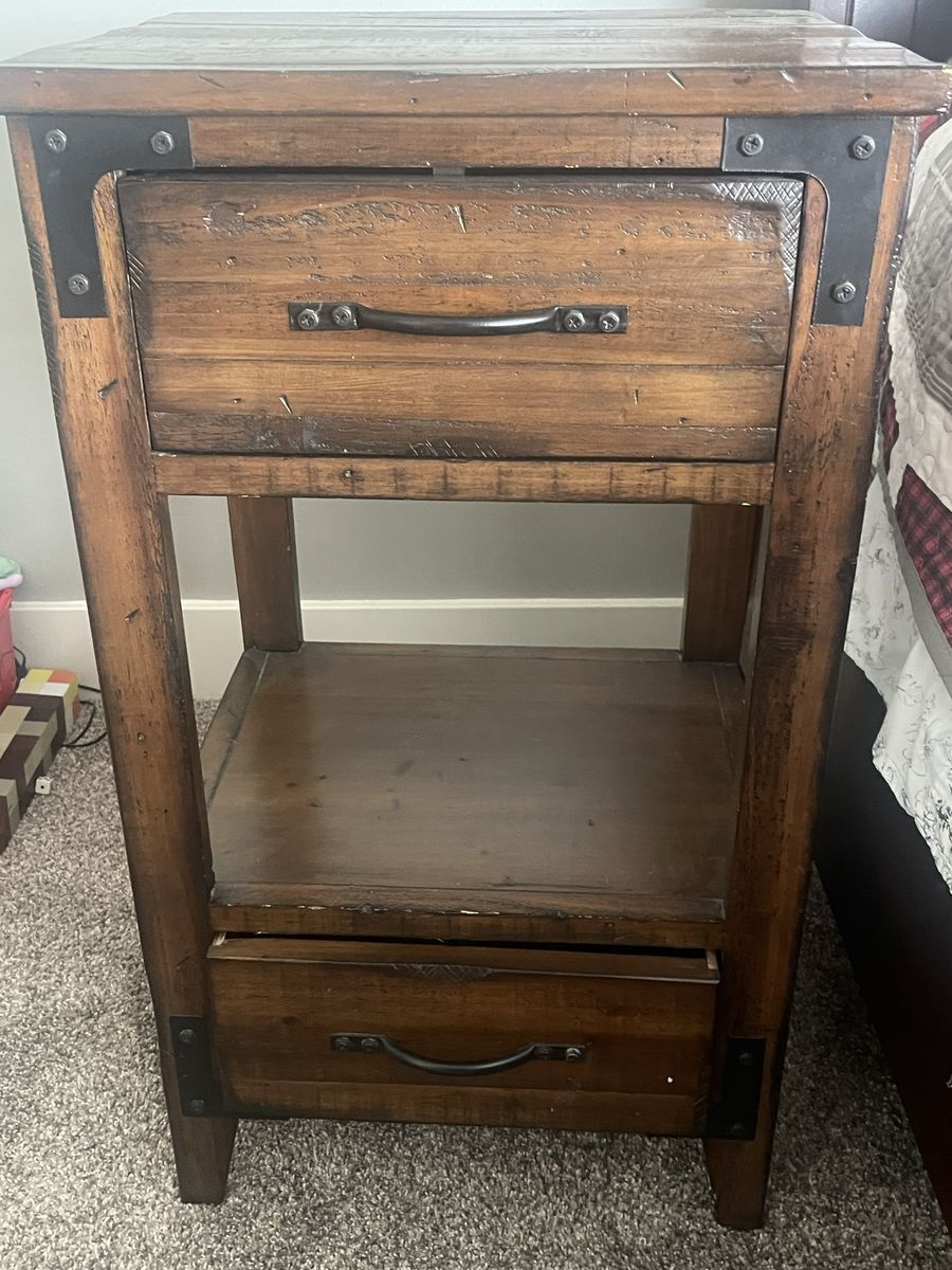 Rustic Wooden Nightstand with Drawers and Metal Accents