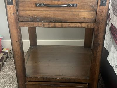 Rustic Wooden Nightstand with Drawers and Metal Accents