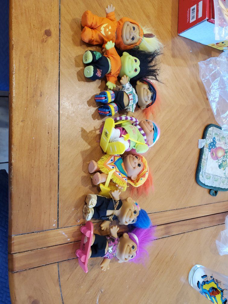 Vintage Russ Troll Dolls Lot of 7 - Halloween, Skier, Skater, Native American - Good Condition