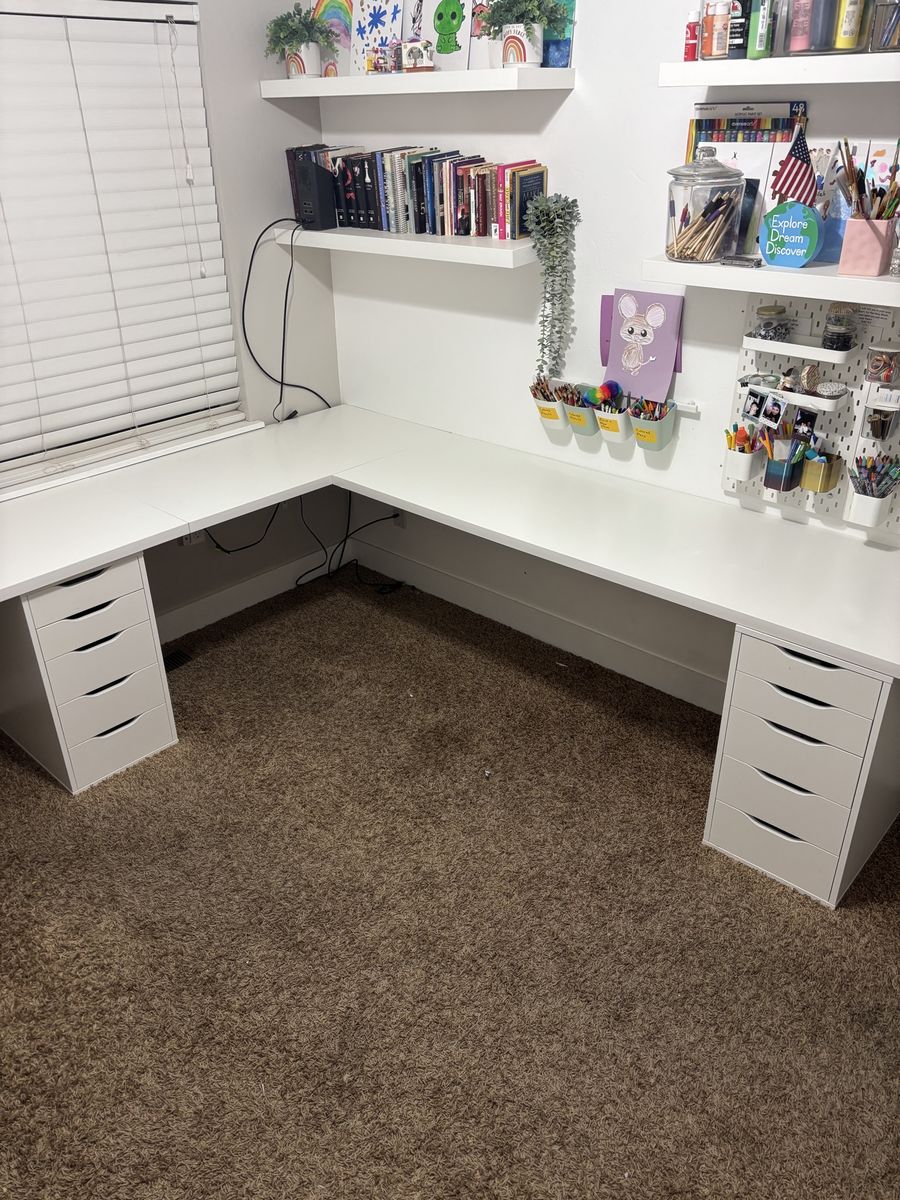 IKEA Large White U-Shaped Desk with 3 Drawer Units - Ideal for Office, Studio, or Craft Room