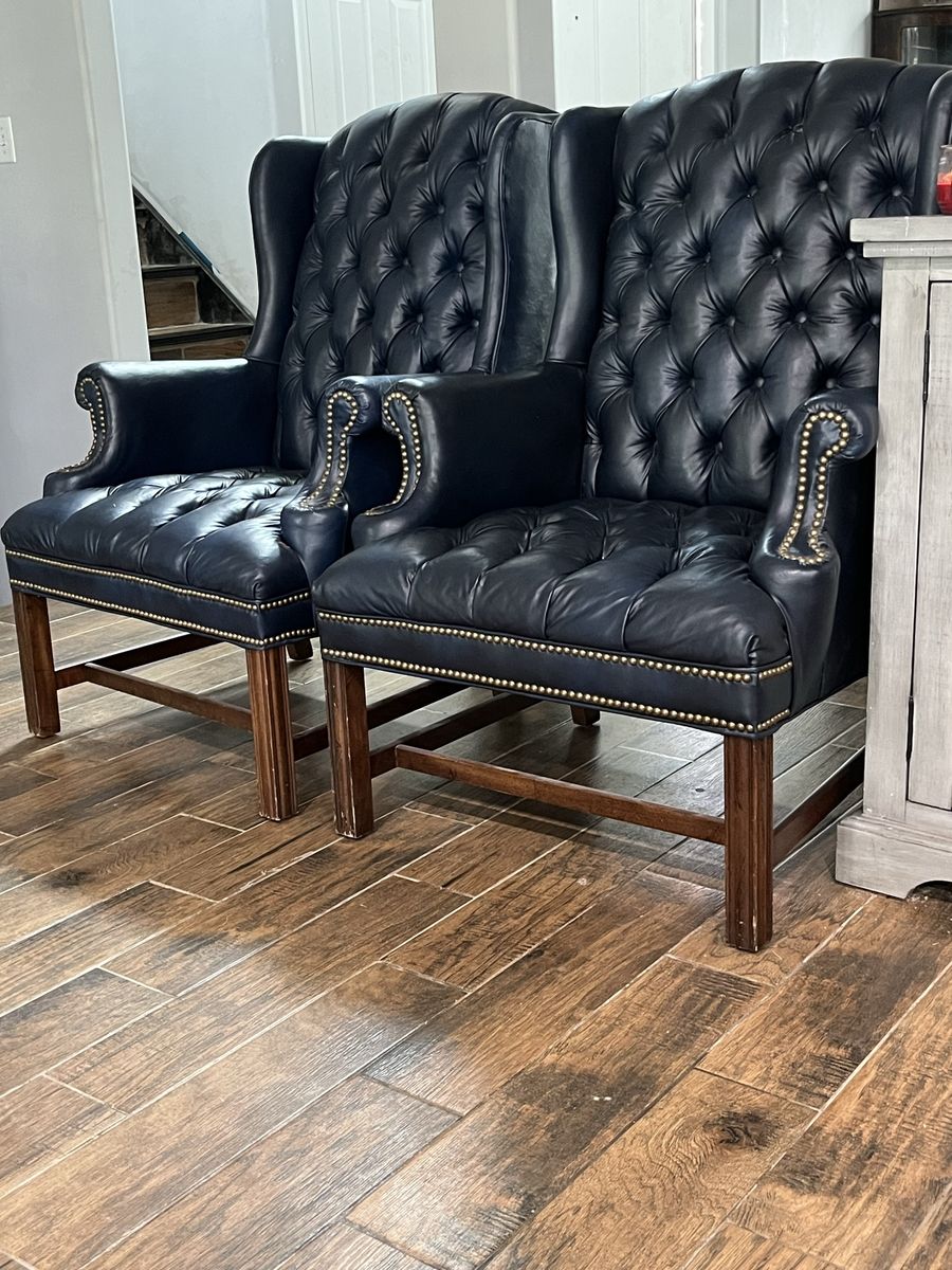 Pair of Vintage Wingback Chairs – Midnight Blue Leather