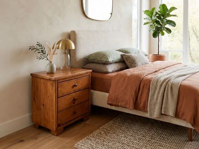 Vintage 3-Drawer Solid Pine Nightstand w/Rounded Square Knobs & Tapered Block Legs