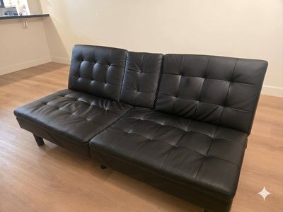 Modern Black Faux Leather Futon Convertible Sofa Bed with Console
