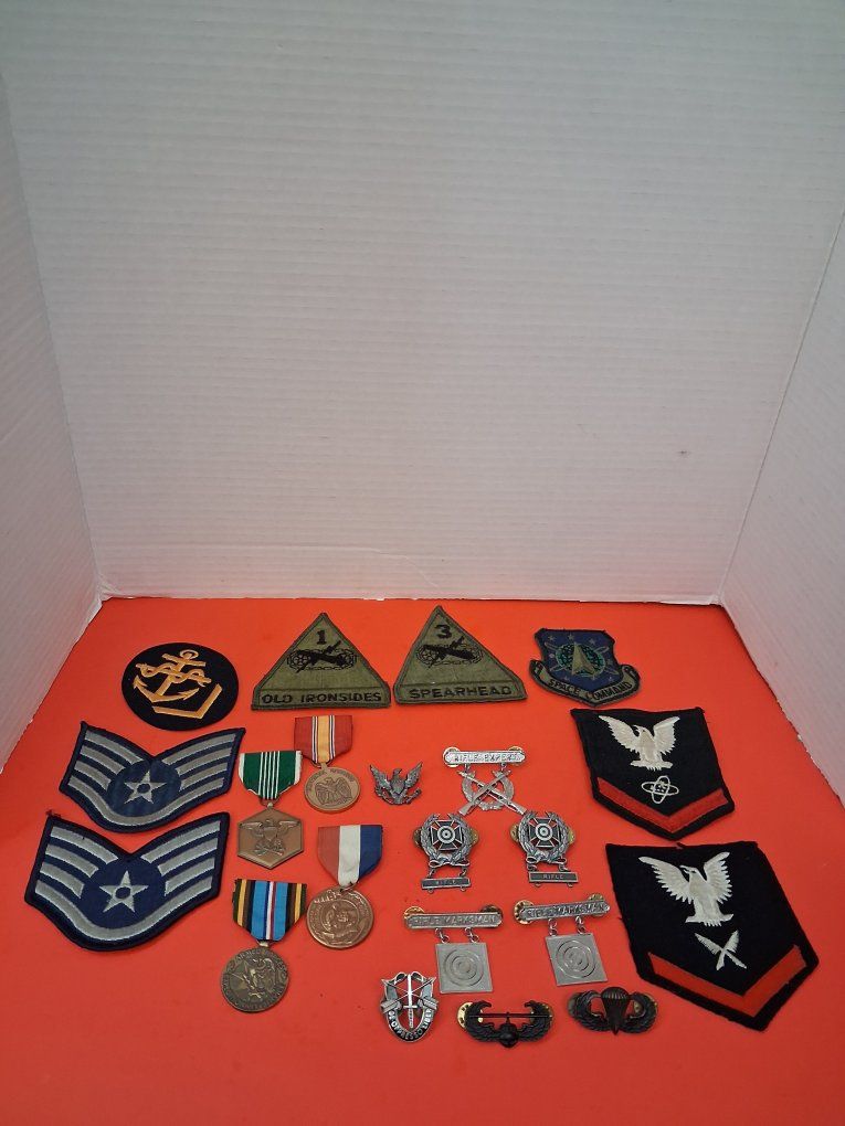 Vintage Military Memorabilia Lot: Medals, Pins, Patches - Army, Navy, Air Force Collectibles