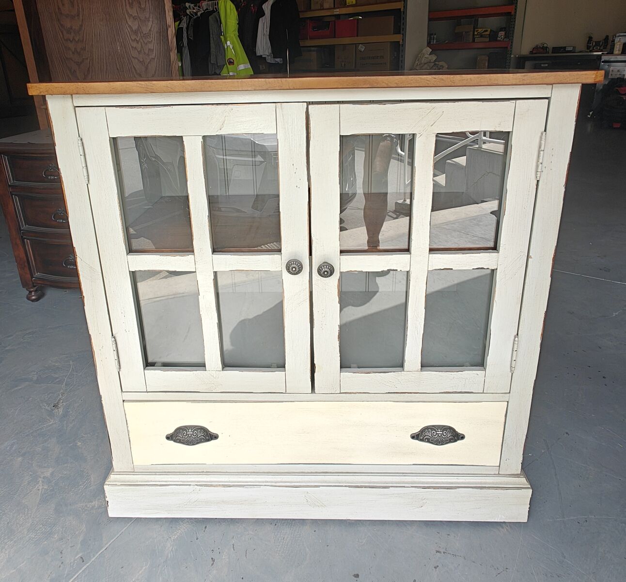 Distressed Glass Cabinet w/ Shelf & Drawer