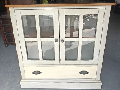 Distressed Glass Cabinet w/ Shelf & Drawer