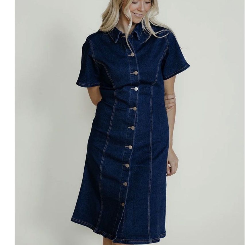 Roolee Ingrid Short Sleeve Dark Wash Button Front Denim Dress Size Small brand new with tags!!