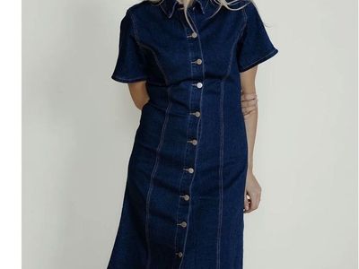 Roolee Ingrid Short Sleeve Dark Wash Button Front Denim Dress Size Small brand new with tags!!