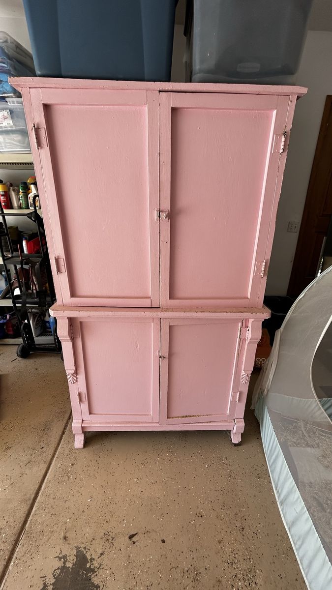 Vintage shabby chic strawberry milk pink armoire cabinet