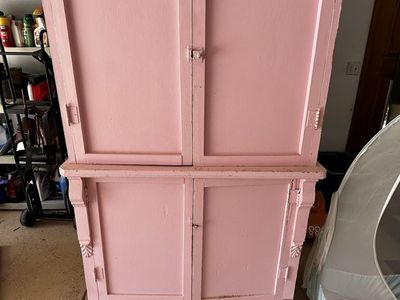 Vintage shabby chic strawberry milk pink armoire cabinet