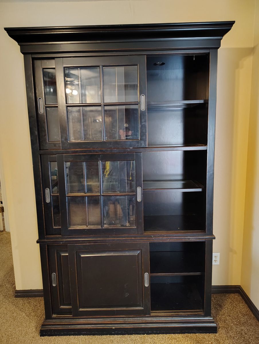 Black Display Cabinet/Hutch with Sliding Glass and Wood Doors - Ample Storage