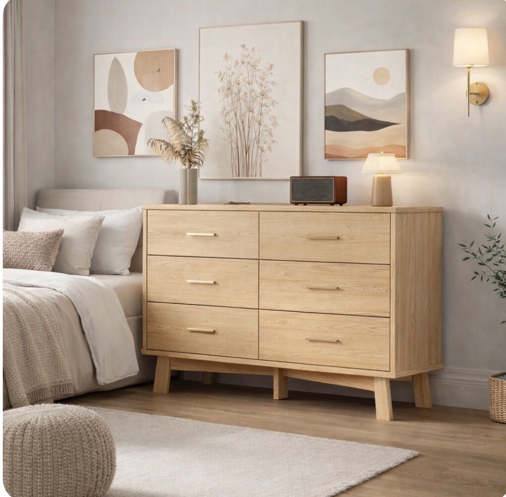 NEW 6-Drawer Dresser Mid-century Light Wood Veneer