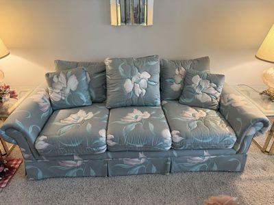 Vintage Floral Sofa - 3-Seater Couch, Light Blue with White/Pink Flowers, Skirted Design