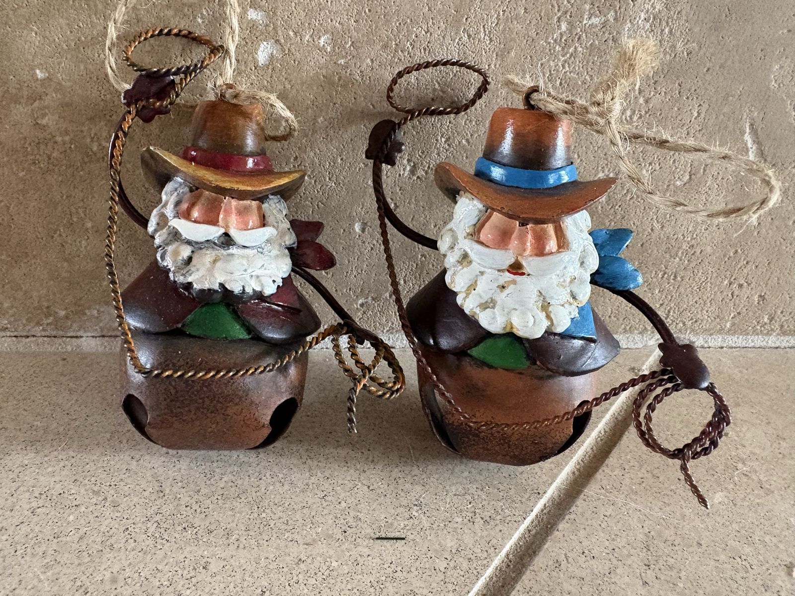 2 Rustic Cowboy Santa Claus Bell Ornaments