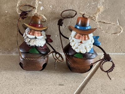 2 Rustic Cowboy Santa Claus Bell Ornaments