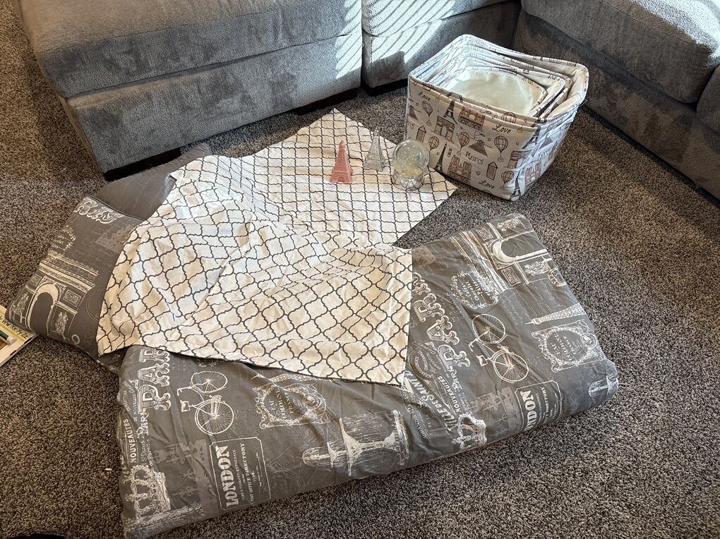 Queen Grey Paris Themed Reversible Bedding Set