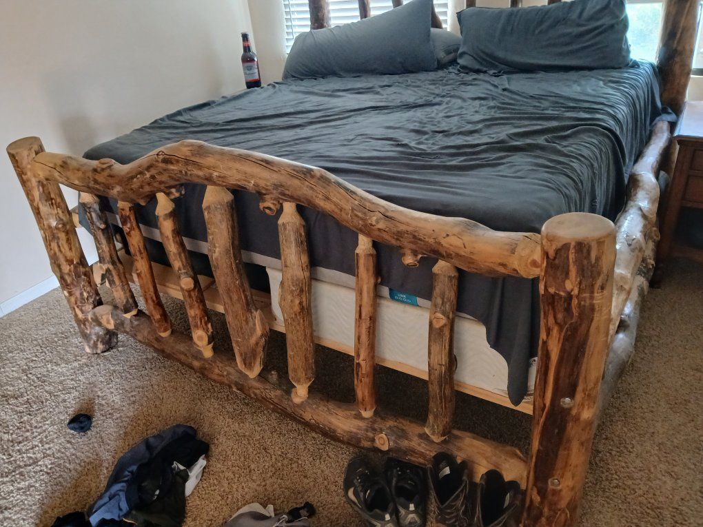 king Size Custom Log bed frame with 2 nightstands