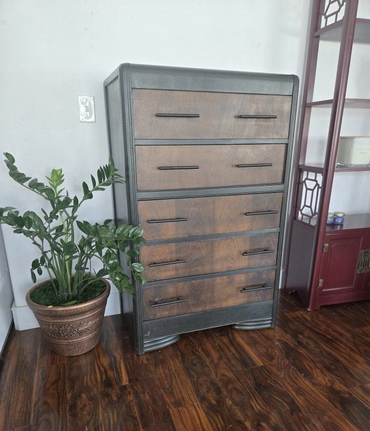 Vintage Art Deco Waterfall Tallboy Dresser