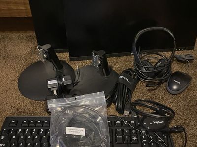 Dual Monitor Setup w/ Keyboards, Mouse, Headset & Cables - Complete Workstation Bundle