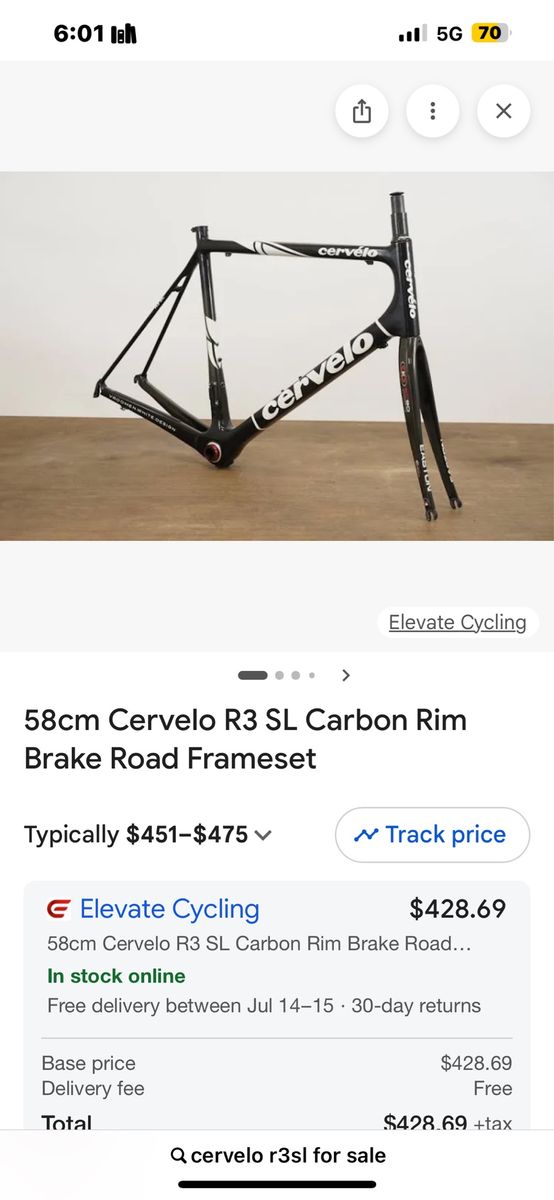 58cm Cervelo R3 SL Carbon Rim Brake Road Frameset