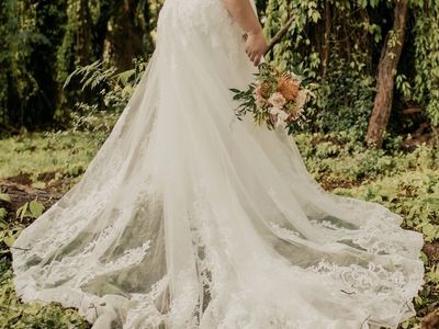 Oleg Cassini Strapless Lace Wedding Dress with Train Size 18W & Accessories