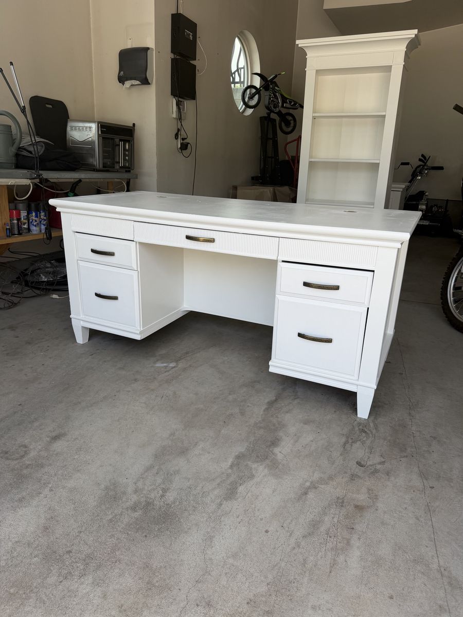 Executive desk book case shelf filing cabinet set.