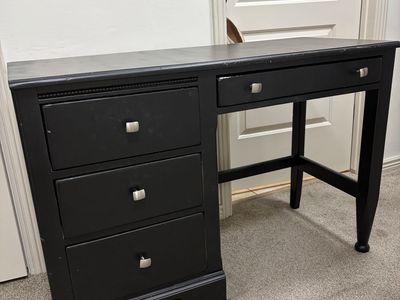 Black Wood Desk with 4 Drawers and Silver Knobs