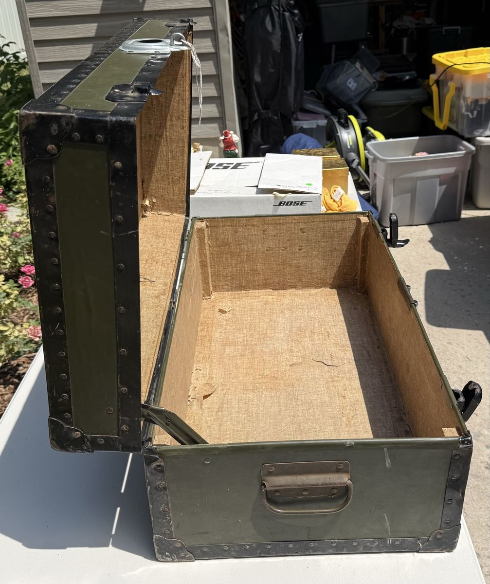 Vintage Olive Green Steamer Trunk with paper Lining - Retro Storage Chest
