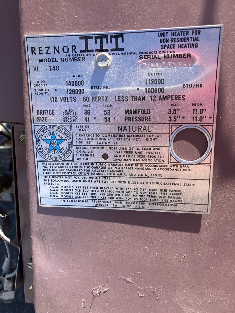 heaters Modine Reznor XL-140 Industrial Unit Heater - Natural Gas, 126,000 BTU/HR Output
