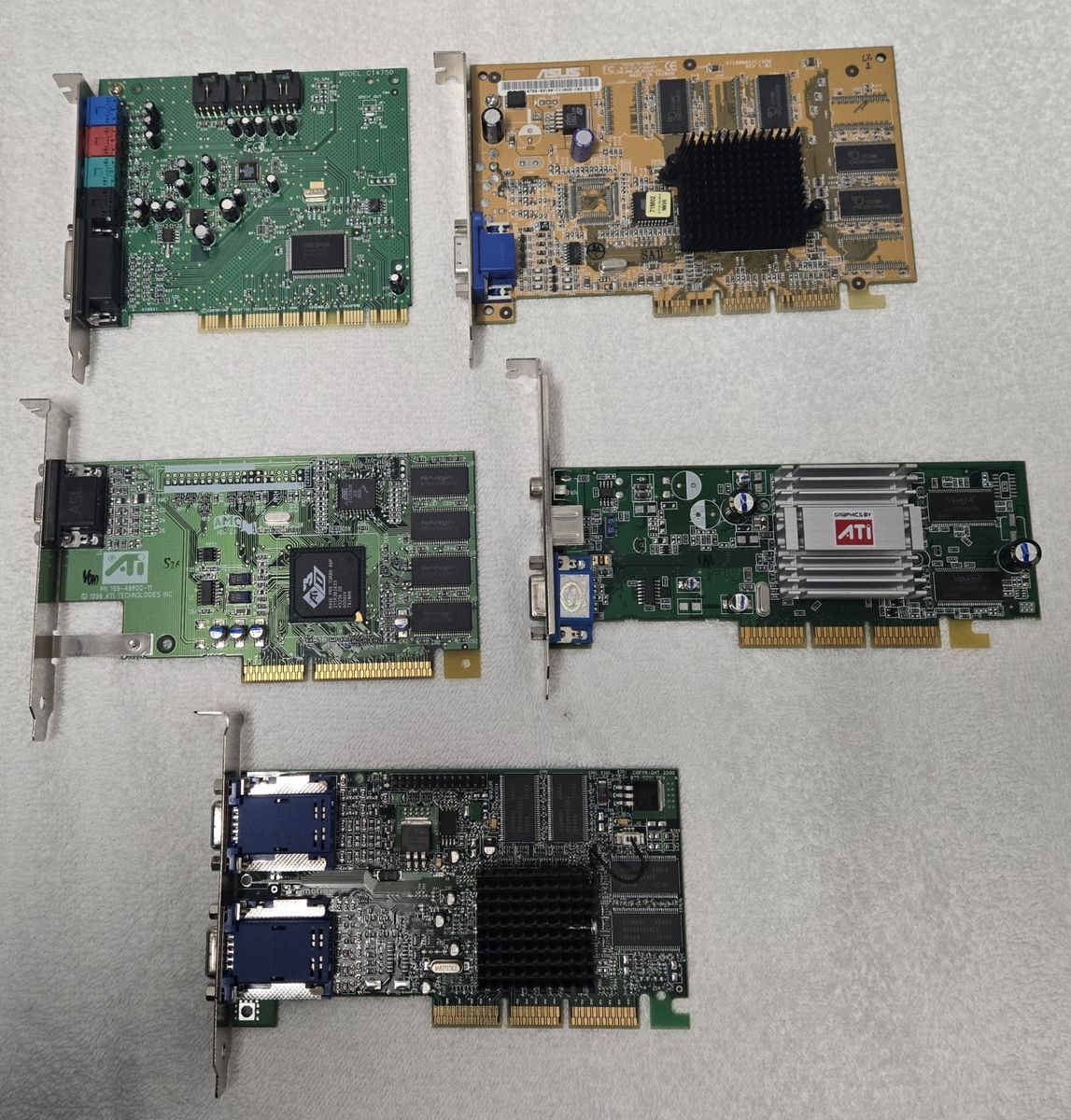 Lot of 5 Vintage PCI Expansion Cards - AGB/PCI ATI, ASUS, Creative Labs, Matrox