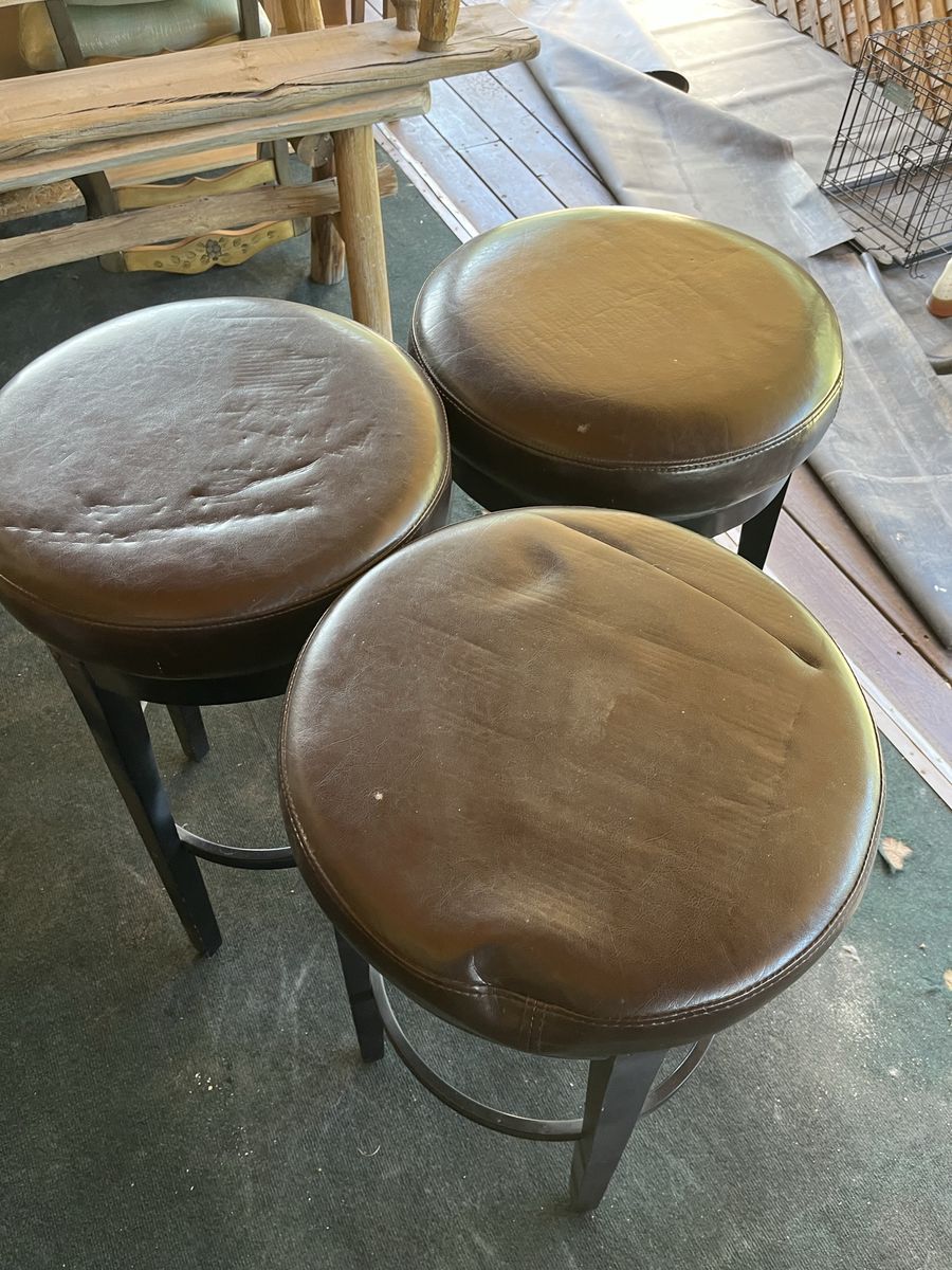 Set of 3 Brown Faux Leather Swivel Bar Stools - Used Condition