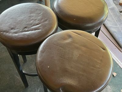 Set of 3 Brown Faux Leather Swivel Bar Stools - Used Condition