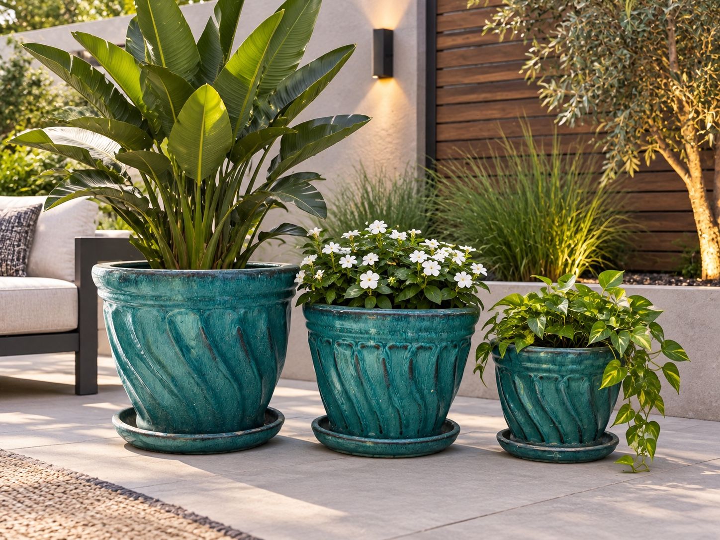 Turquoise Glazed Ceramic Planter Pots with Saucers - Set of 3