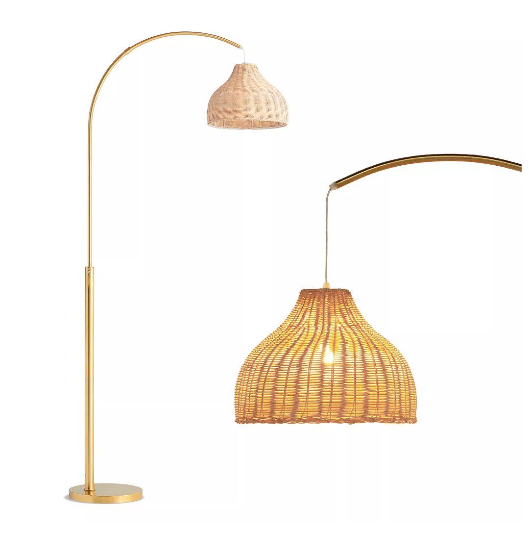 NEW Brightech Lark 75" Arc Led Floor Lamp With Rattan Wicker Shade