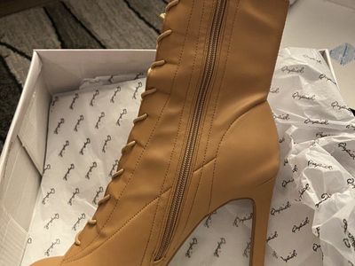 Qupid Women's Tan Lace-Up Stiletto Ankle Boots