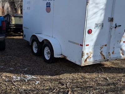 Used Enclosed Cargo Trailer - White, Dual Axle, Storage Shelves, 14 foot